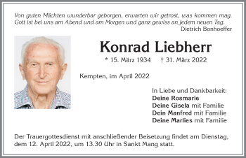 Traueranzeige von Konrad Liebherr von Allgäuer Zeitung,Kempten