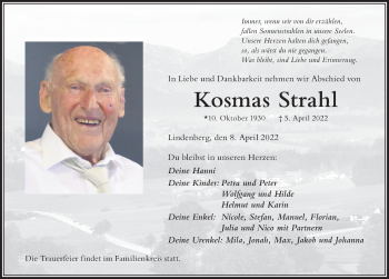 Traueranzeige von Kosmas Strahl von Der Westallgäuer