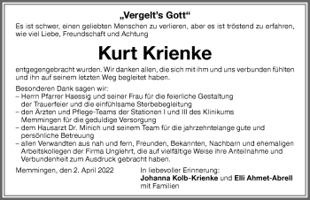 Traueranzeige von Kurt Krienke von Memminger Zeitung