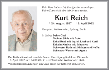 Traueranzeige von Kurt Reich von Allgäuer Zeitung, Gesamtausgabe