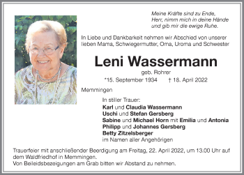 Traueranzeige von Leni Wassermann von Memminger Zeitung