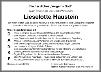 Traueranzeige von Lieselotte Haustein von Memminger Zeitung