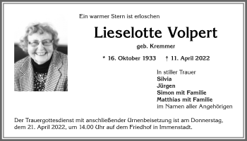 Traueranzeige von Lieselotte Volpert von Allgäuer Anzeigeblatt