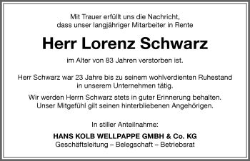 Traueranzeige von Lorenz Schwarz von Memminger Zeitung