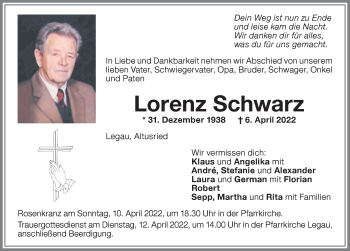 Traueranzeige von Lorenz Schwarz von Memminger Zeitung