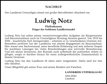 Traueranzeige von Ludwig Notz von Memminger Zeitung