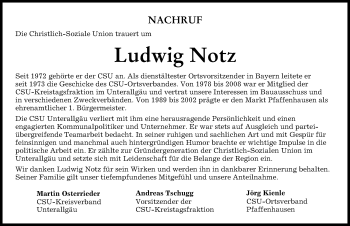 Traueranzeige von Ludwig Notz von Memminger Zeitung