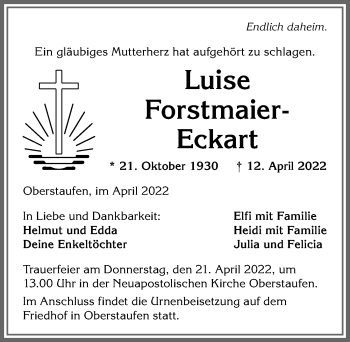 Traueranzeige von Luise Forstmaier-Eckart von Allgäuer Anzeigeblatt