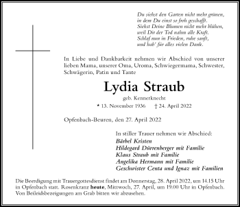 Traueranzeige von Lydia Straub von Der Westallgäuer