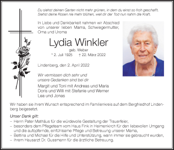 Traueranzeige von Lydia Winkler von Der Westallgäuer