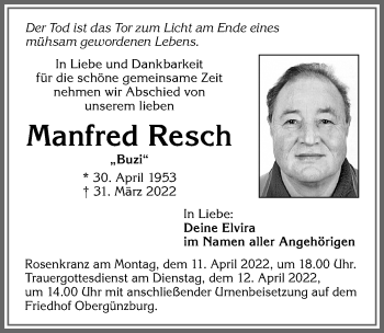 Traueranzeige von Manfred Resch von Allgäuer Zeitung, Marktoberdorf