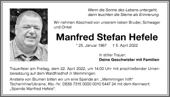 Traueranzeige von Manfred Stefan Hefele von Memminger Zeitung