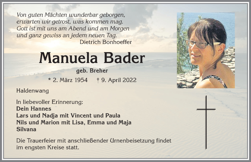  Traueranzeige für Manuela Bader vom 20.04.2022 aus Allgäuer Anzeigeblatt