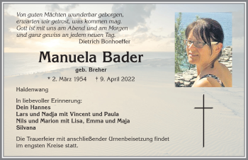 Traueranzeige von Manuela Bader von Allgäuer Anzeigeblatt