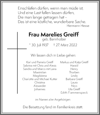 Traueranzeige von Marelies Greiff von Memminger Zeitung