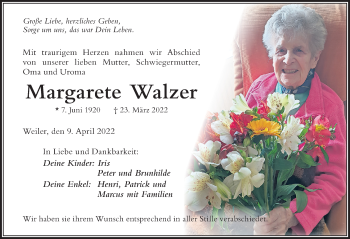Traueranzeige von Margarete Walzer von Der Westallgäuer