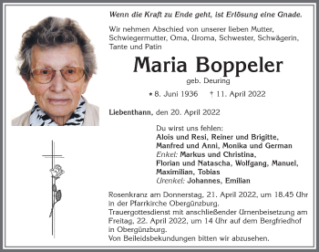 Traueranzeige von Maria Boppeler von Allgäuer Zeitung, Marktoberdorf