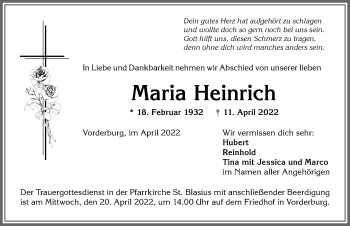 Traueranzeige von Maria Heinrich von Allgäuer Anzeigeblatt