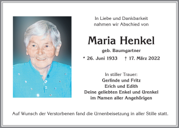Traueranzeige von Maria Henkel von Allgäuer Zeitung, Kaufbeuren/Buchloe