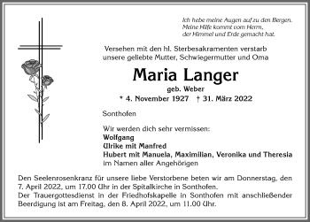 Traueranzeige von Maria Langer von Allgäuer Anzeigeblatt