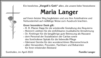Traueranzeige von Maria Langer von Allgäuer Anzeigeblatt