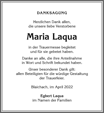 Traueranzeige von Maria Laqua von Allgäuer Anzeigeblatt
