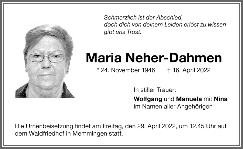  Traueranzeige für Maria Neher-Dahmen vom 23.04.2022 aus Memminger Zeitung