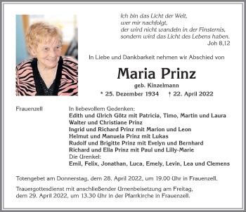 Traueranzeige von Maria Prinz von Allgäuer Zeitung,Kempten