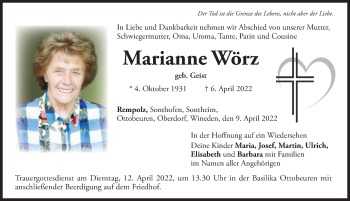Traueranzeige von Marianne Wörz von Memminger Zeitung