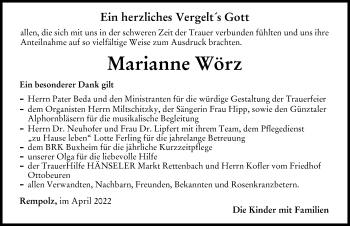 Traueranzeige von Marianne Wörz von Memminger Zeitung