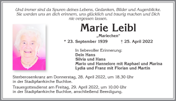 Traueranzeige von Marie Leibl von Allgäuer Zeitung, Kaufbeuren/Buchloe