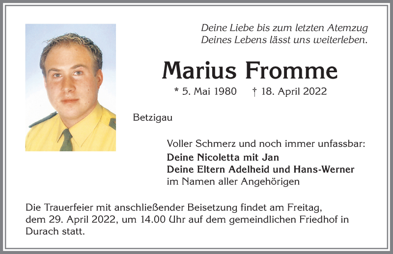  Traueranzeige für Marius Fromme vom 27.04.2022 aus Allgäuer Zeitung,Kempten