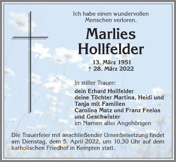 Traueranzeige von Marlies Hollfelder von Allgäuer Zeitung,Kempten