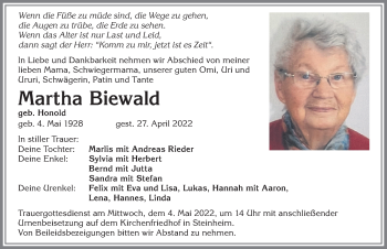 Traueranzeige von Martha Biewald von Memminger Zeitung