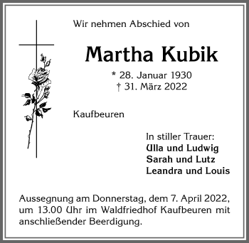 Traueranzeige von Martha Kubik von Allgäuer Zeitung, Kaufbeuren/Buchloe
