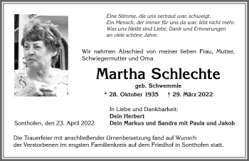 Traueranzeige von Martha Schlechte von Allgäuer Anzeigeblatt