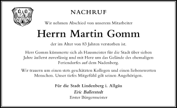 Traueranzeige von Martin Gomm von Der Westallgäuer