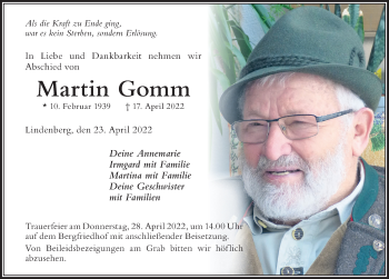 Traueranzeige von Martin Gomm von Der Westallgäuer