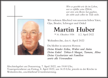 Traueranzeige von Martin Huber von Der Westallgäuer