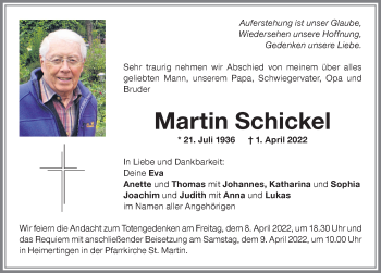 Traueranzeige von Martin Schickel von Memminger Zeitung