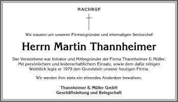 Traueranzeige von Martin Thannheimer von Allgäuer Anzeigeblatt