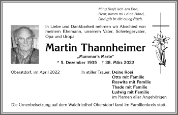 Traueranzeige von Martin Thannheimer von Allgäuer Anzeigeblatt