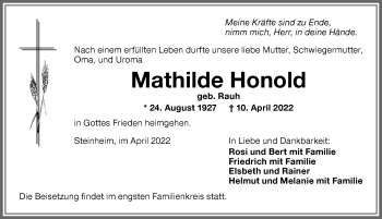 Traueranzeige von Mathilde Honold von Memminger Zeitung