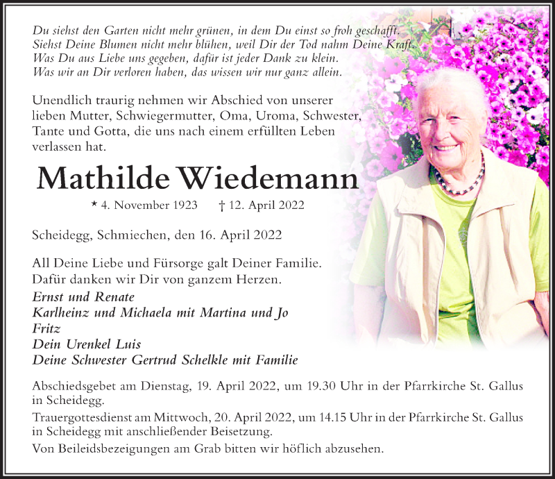 Traueranzeige für Mathilde Wiedemann vom 16.04.2022 aus Der Westallgäuer