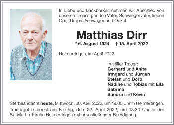 Traueranzeige von Matthias Dirr von Memminger Zeitung