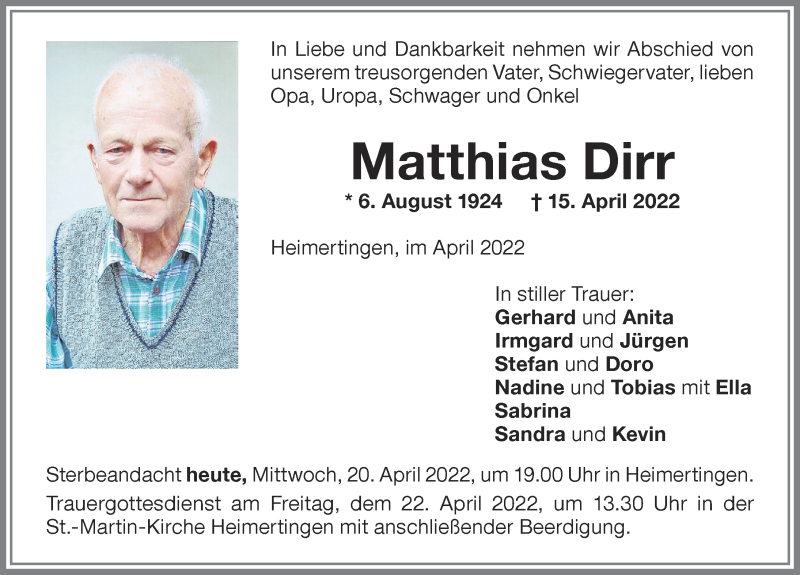  Traueranzeige für Matthias Dirr vom 20.04.2022 aus Memminger Zeitung