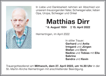 Traueranzeige von Matthias Dirr von Memminger Zeitung