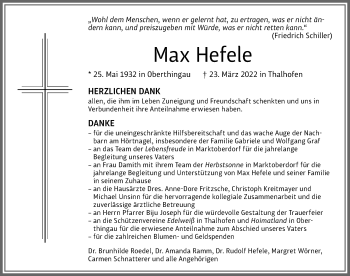 Traueranzeige von Max Hefele von Allgäuer Zeitung, Marktoberdorf