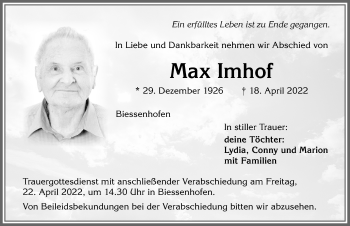 Traueranzeige von Max Imhof von Allgäuer Zeitung, Marktoberdorf