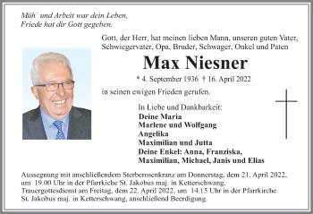 Traueranzeige von Max Niesner von Allgäuer Zeitung, Kaufbeuren/Buchloe